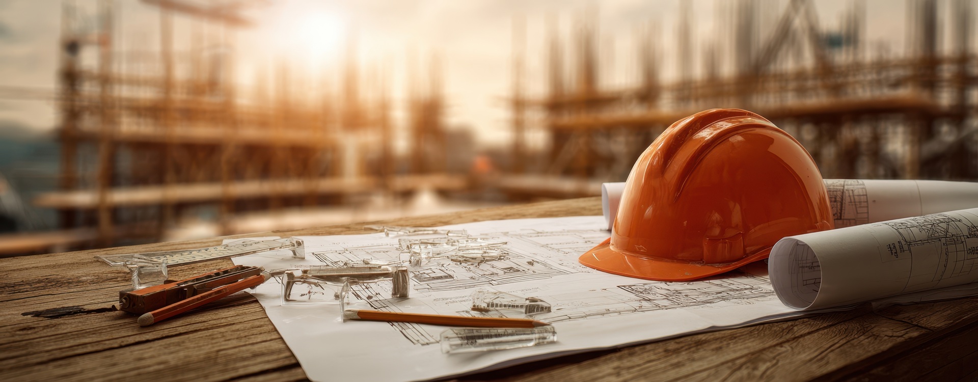 Bauhelm und Pläne auf Tisch vor Baustelle | Bodenmarkierung