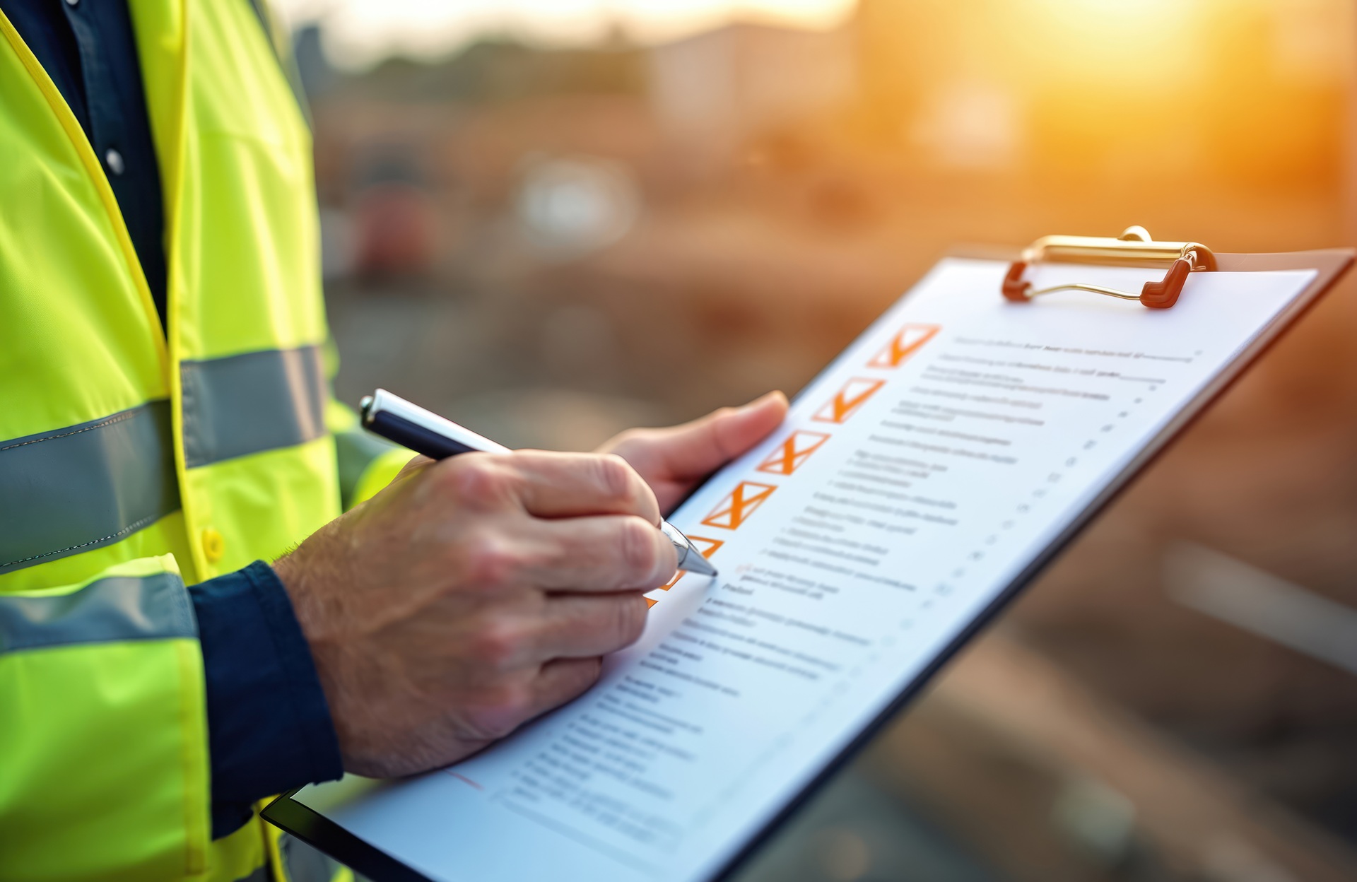 Bauarbeiter mit Checkliste bei Sicherheitsprüfung | Bodenmarkierung
